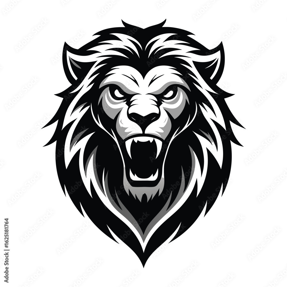 Obraz premium Striking black and white illustration of a lions face with an aggressive expression and open mouth, conveying strength, wildness, and dominance