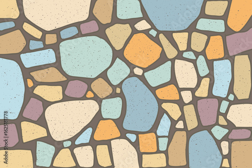 vibrant and abstract seamless pattern featuring irregularly shaped, colorful stones or mosaic tiles