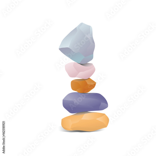 Stack of colorful balancing zen stones, a stack of five colorful, smooth, and irregularly shaped stones balanced vertically