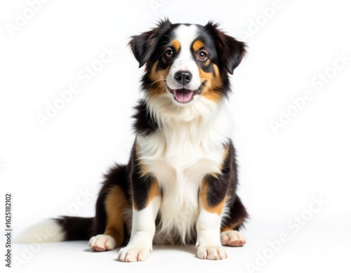 A domestic dog sitting on a white surface, showcasing its texture and color