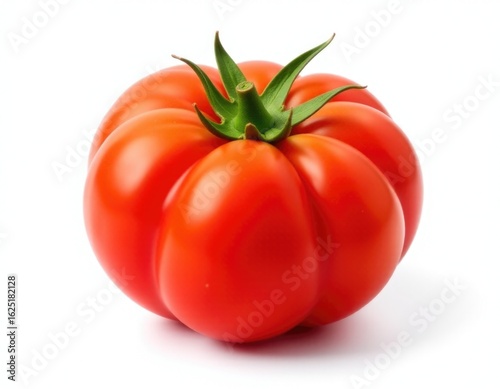 A single tomato on a white surface