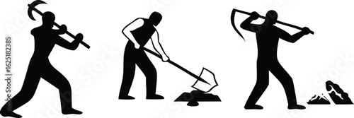 Mining Workers with Pickaxes and Shovels in Silhouette on White