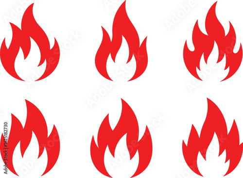 Six stylized black flame icons in a simple silhouette style representing fire and heat on a white background