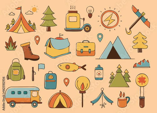Camping Adventure Icons with Tents, Trees, and Gear Elements