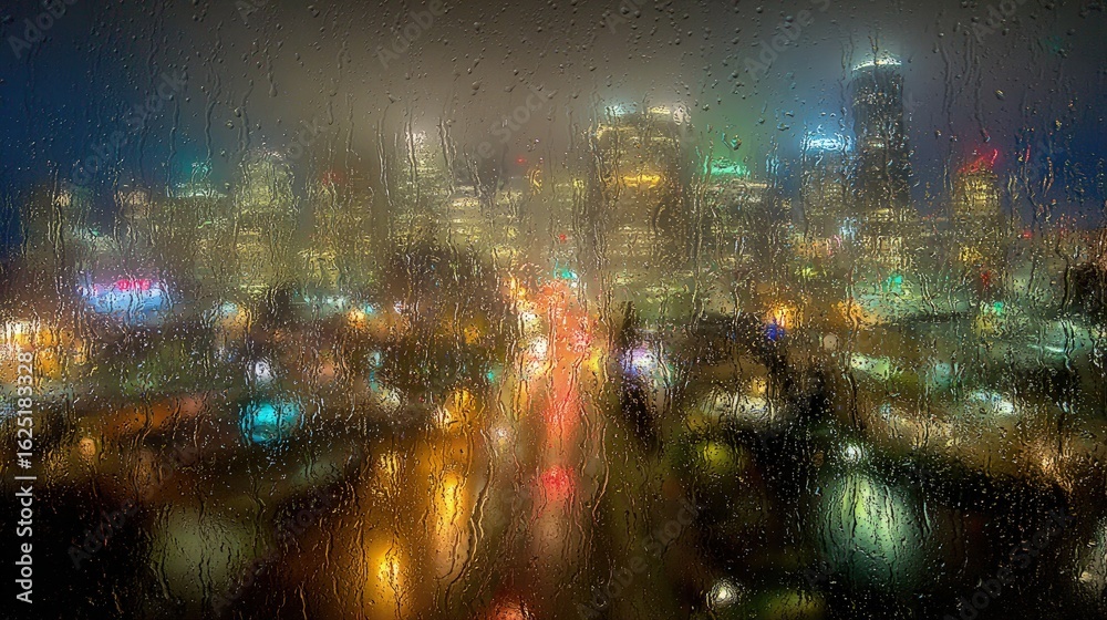 Naklejka premium Rainy Night Cityscape Through Wet Window
