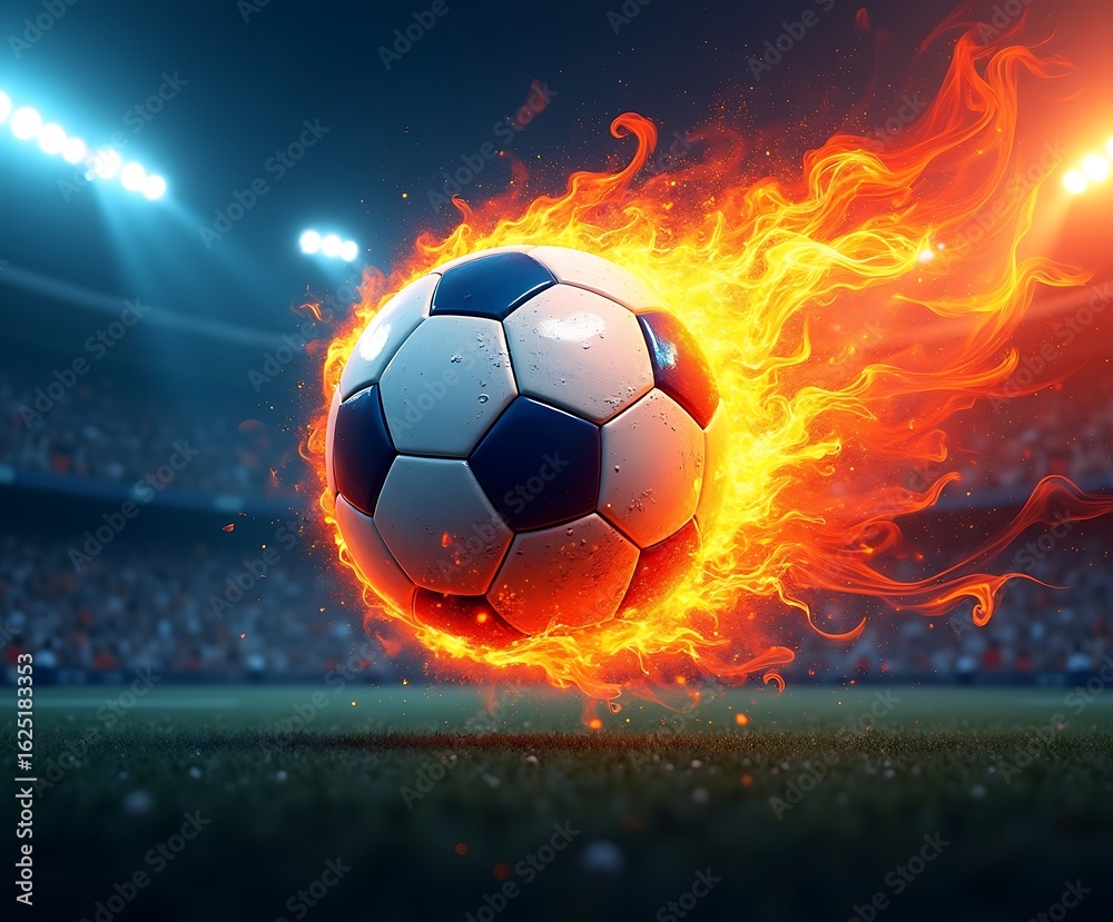 Naklejka premium Football flame explosion in stadium with burning soccer ball flying across field and blazing fire trail, perfect for sports energy concept art, championship posters, and dynamic backgrounds