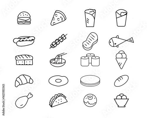 Big Set of Food Icons in Thin Line Style. Vector Pictograms of Fast Food, Meals, and Cuisine including Burger, Pizza, Sushi, and Tacos.