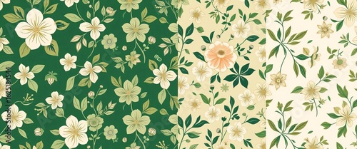 Elegant green & beige floral vector seamless patterns; four variations with intricate flowers & leaves,  textile,  summer