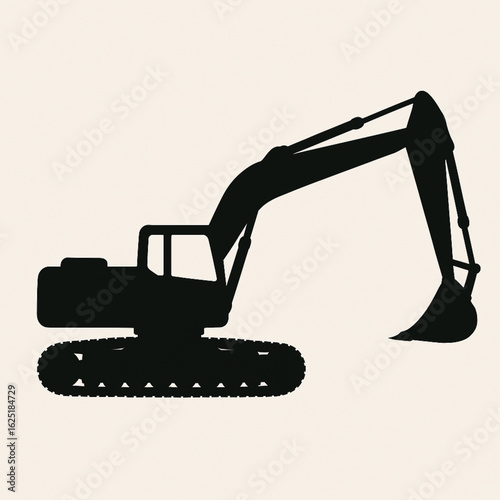 Black silhouette of a tracked excavator on a light beige background. Features include a large digging bucket, extended arm, operator cab, and continuous tracks. Simple, bold, and abstract design.

