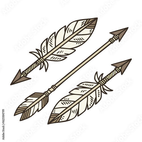 Hand drawn illustration of vintage tribal arrows with detailed feather fletching on white background