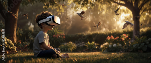 little boy using virtual reality headset to exploring new things in garden with birds 
