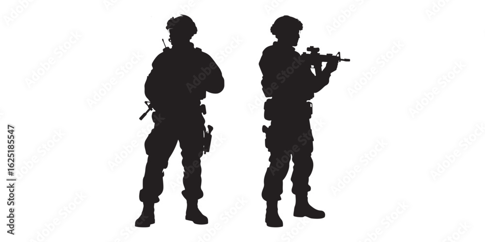 Fototapeta premium Silhouette vector set of an American soldier holding a gun. On white background