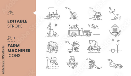 Farm machines, Agricultural machinery, farm linear icons with editable outline, Tractor, trimmers, cultivator, walk-behind tractor, plowing land. Vector illustration
