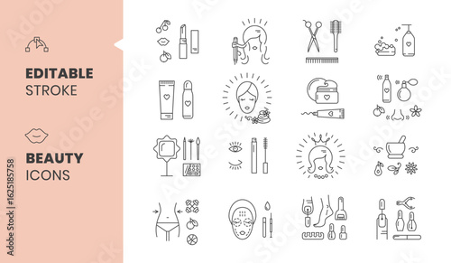 Vector illustration of beauty and cosmetology line art icons set, including makeup, skin care, and health elements with editable outline
