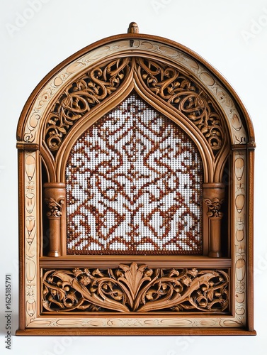 Intricate wooden arch with detailed carvings and patterns, showcasing fine craftsmanship.