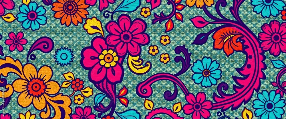 Intricate floral paisley embroidery, vibrant ikat style, seamless pattern  Traditional ethnic motifs in rich colors,  border,  damask