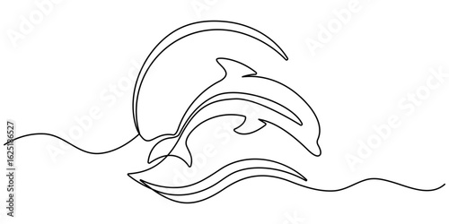 Continuous single drawn one line drawing of whale. Vector illustration, Bottlenose dolphin in single line draw. Simple illustration of dolphin pair line art vector illustration, Editable stroke. 