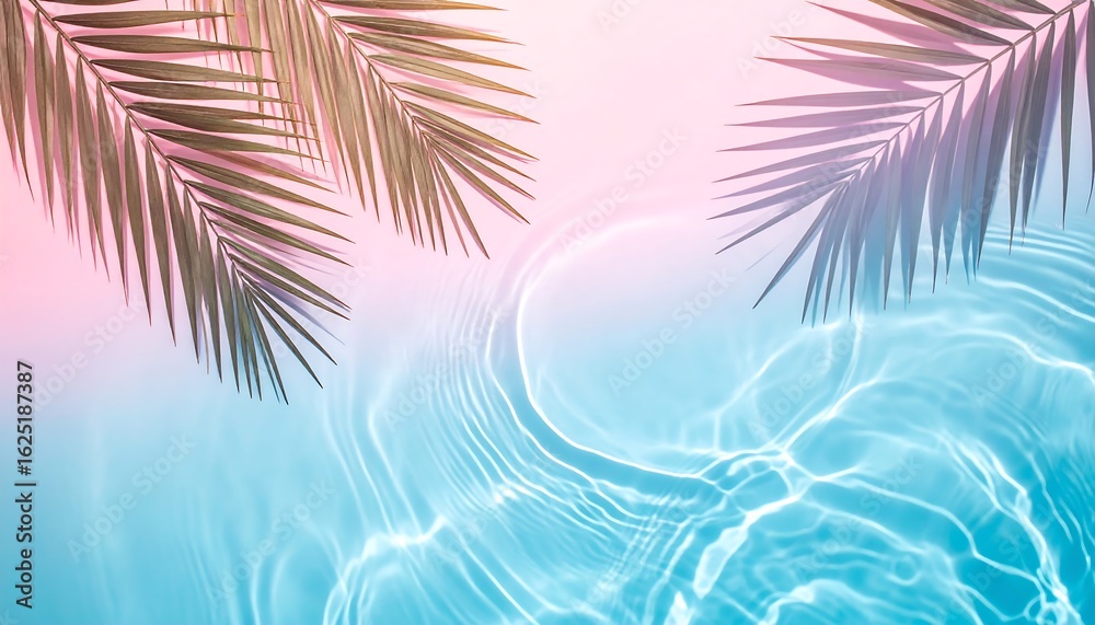 Fototapeta premium Serene Pastel Poolside: Palm Fronds and Rippling Water