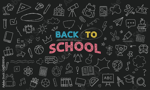 Back To School icon set. Chalk hand drawn doodle icons on chalkboard. Containing school supplies, stationery, lettering and grunge decoration elements. Charcoal, crayon doodles vector Illustration.