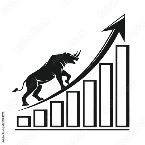 Financial bull market concept with a powerful bull silhouette walking up a growing bar graph with a rising arrow