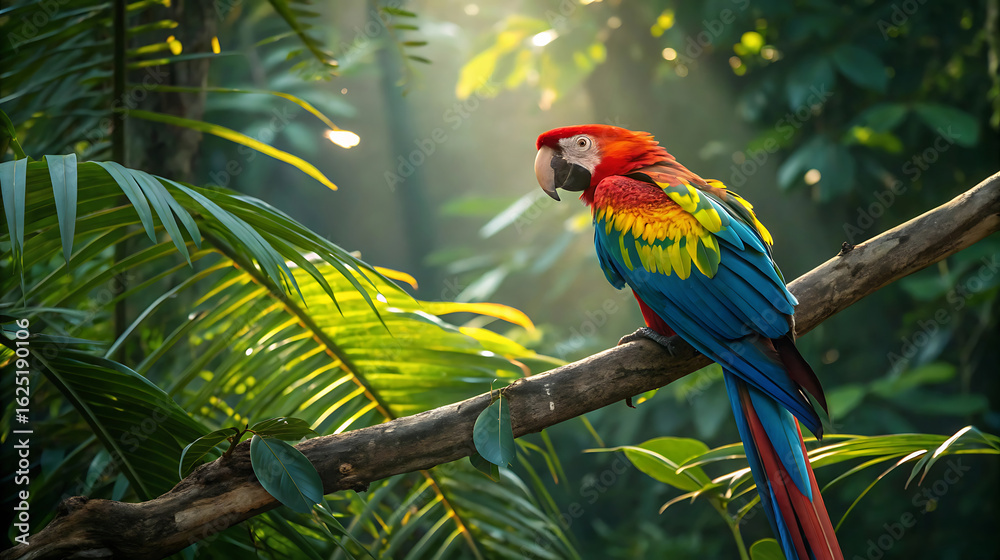 Obraz premium Colorful macaw parrot perched on a branch in the lush green rainforest
