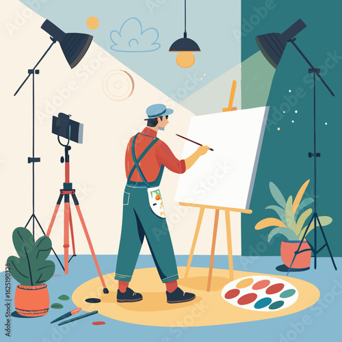 Male artist painting on a canvas at an easel in a creative studio with professional lighting and a camera recording the process.