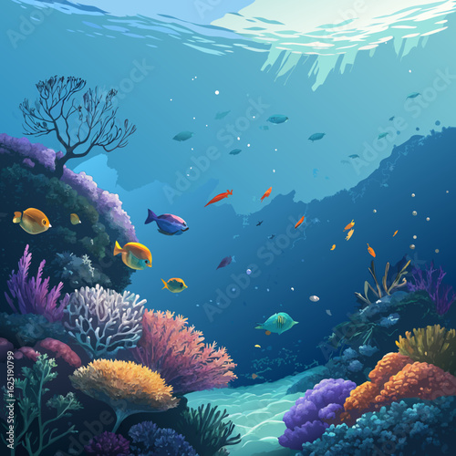 Colorful underwater seascape illustration featuring a lively coral reef, various species of fish, and sunlit blue water.