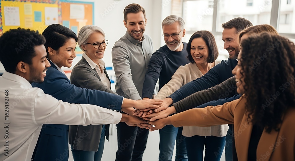Obraz premium Diverse business team joining hands in a circle for unity and teamwork