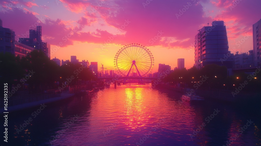 Obraz premium Blurry sunset cityscape over canal with Ferris wheel