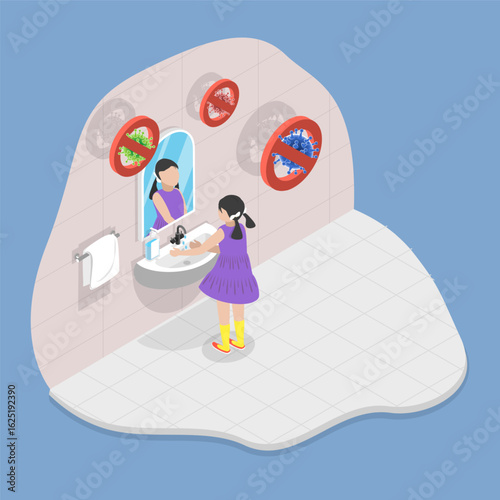 3D Isometric Flat Vector Illustration of Idea of Health and Hygiene, Clean Hands After Using Antibacterial Soap