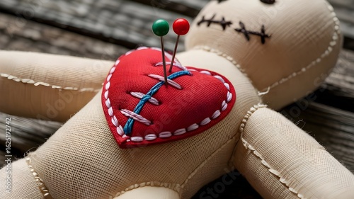 Voodoo doll with heart pierced by pins on wooden surface, love spell