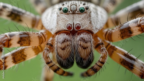 Extreme macro of a huntsman spider with green and red eyes