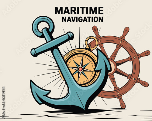 Retro vector illustration of maritime navigation with a ship's anchor, helm, and compass rose.