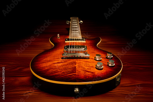 A gibson les paul type guitar with a flame top and humbucker pickups.  The image was created by combining the actual guitar with an ai generated wood grain background.