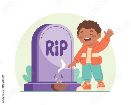 A flat vector illustration of a cheerful boy happily visiting a loved one's tombstone