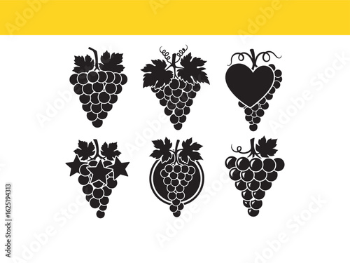 A set of black silhouette grape icons, featuring bunch, leaf, heart, and star designs for viticulture and winery logos.