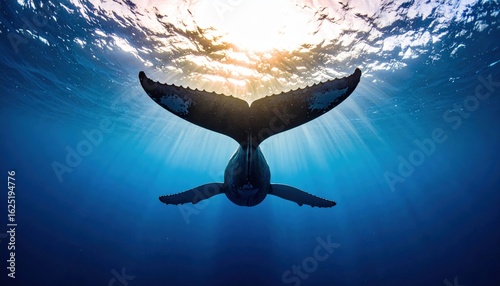Whale Tail Underwater: Majestic view of a humpback whale's fluke silhouetted against sunlit ocean surface.