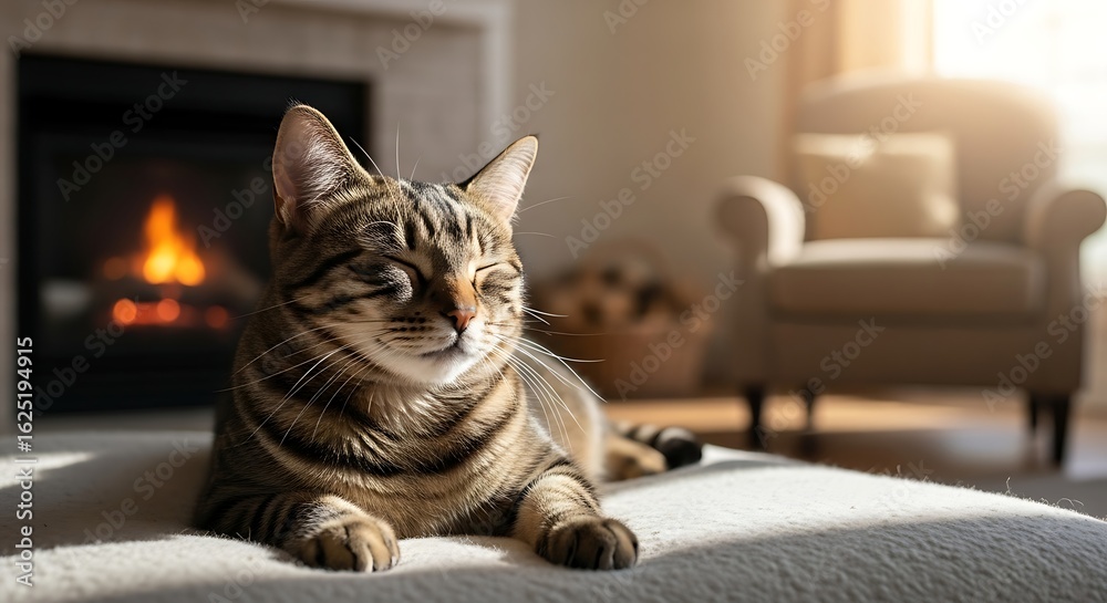 Naklejka premium Contented tabby cat relaxing in warm, sunny living room