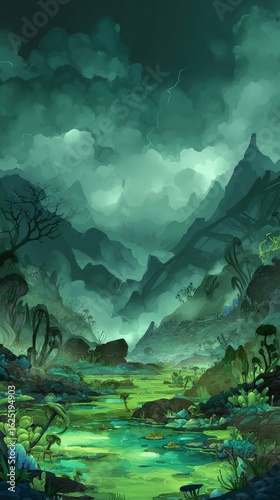 Pixelated Green Misty Mountain Landscape