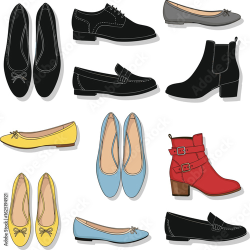 Collection of women’s flat and heeled shoes in color and silhouette, ideal for fashion, shopping, design, and wardrobe illustrations