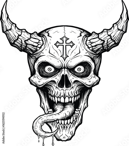 Detailed line art illustration of a demonic skull with horns and extended tongue