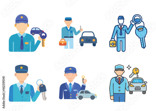 A Variety of Car Valet Icons Holding Keys and Prepared for Service