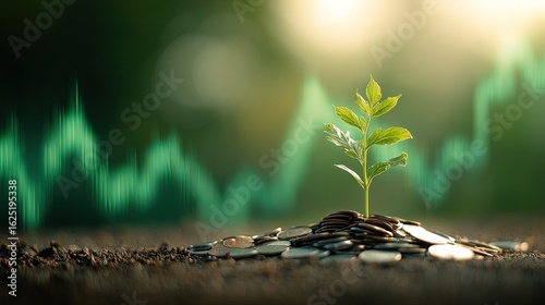 Small Plant Growing From Coins With Financial Chart Background
