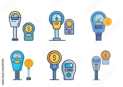 Illustrations of six different parking meters for cars with dollar sign