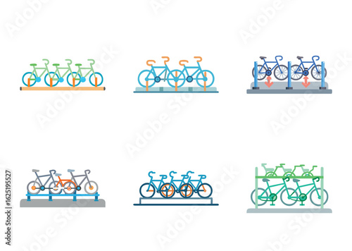 Various bicycle parking rack designs and configurations in a flat vector style