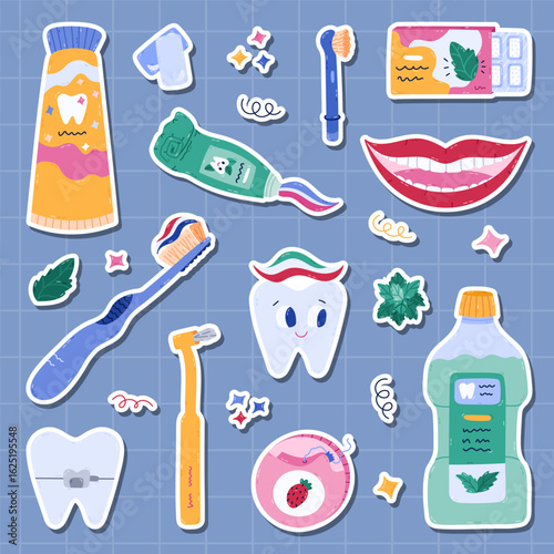 Childish dentistry and teeth care sticker set for planners, notebooks. Ready for print list of cartoon hand drawn clipart of toothpaste, mouth, toothpaste, dental floss, chewing gum, mouthwash.