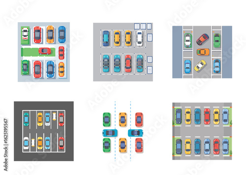 Various parking lot configurations showing cars parked from a topdown view