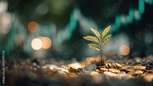 Small Green Plant Growing On Golden Coins With Blurred Financial Chart