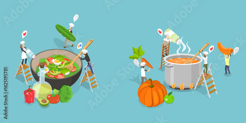 3D Isometric Flat Vector Illustration of Cooking Classes, Chef Preparing Food