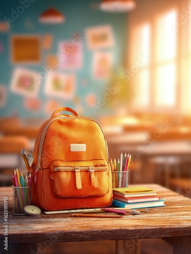 Orange Backpack On Wooden Desk In Classroom